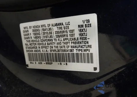 2009 Honda Odyssey Ex-L z USA, uszkodzony, nr VIN 5FNRL38709B041387